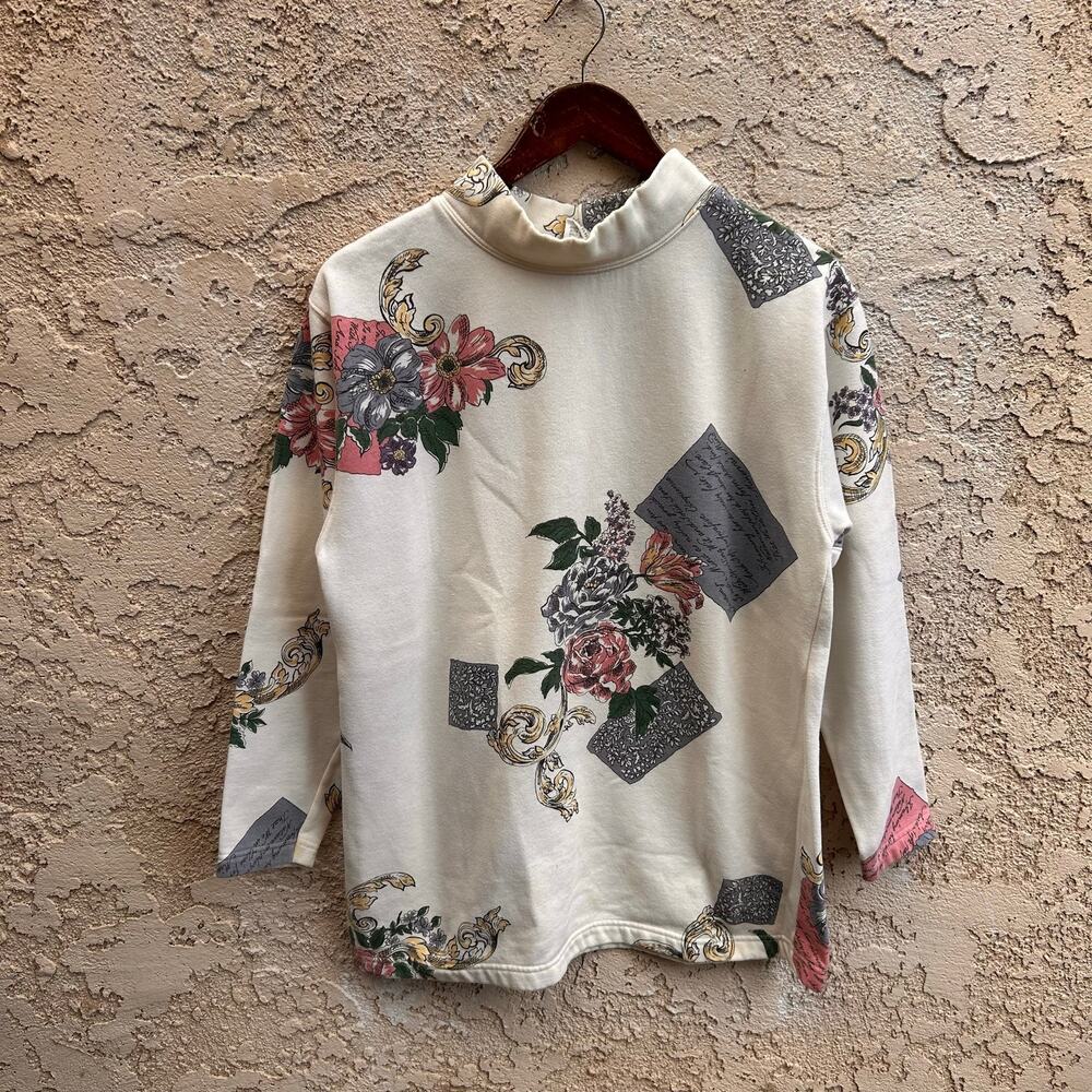Vintage 90s Floral Baroque Mock Neck Top Romantic Letter Print Women’s M